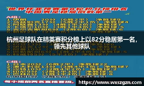 杭州足球队在精英赛积分榜上以82分稳居第一名，领先其他球队